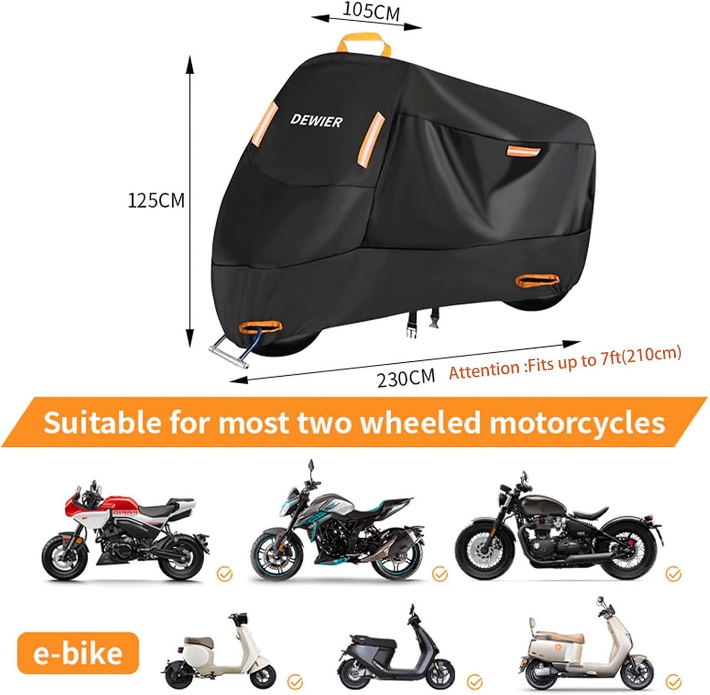 Motorcycle Cover Waterproof Outdoor, 420D Heavy Duty, XL90.5in, All Season Protection, Windproof Clasps, Storage Bag, Night Reflective Design, Fits Motorcycles, 1-2 Bikes Ebikes