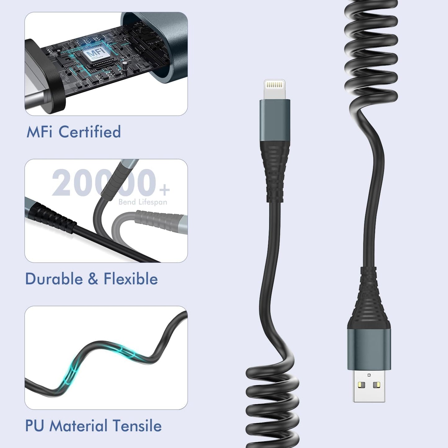 Heartbeats Coiled Lightning Cable 3FT 2 Pack MFi Certified Car iPhone Charger Cable,USB to Lightning Cable Compatible with iPhone 14/13/12/11 Pro Max/XS Max/XR/X/8/7/iPad