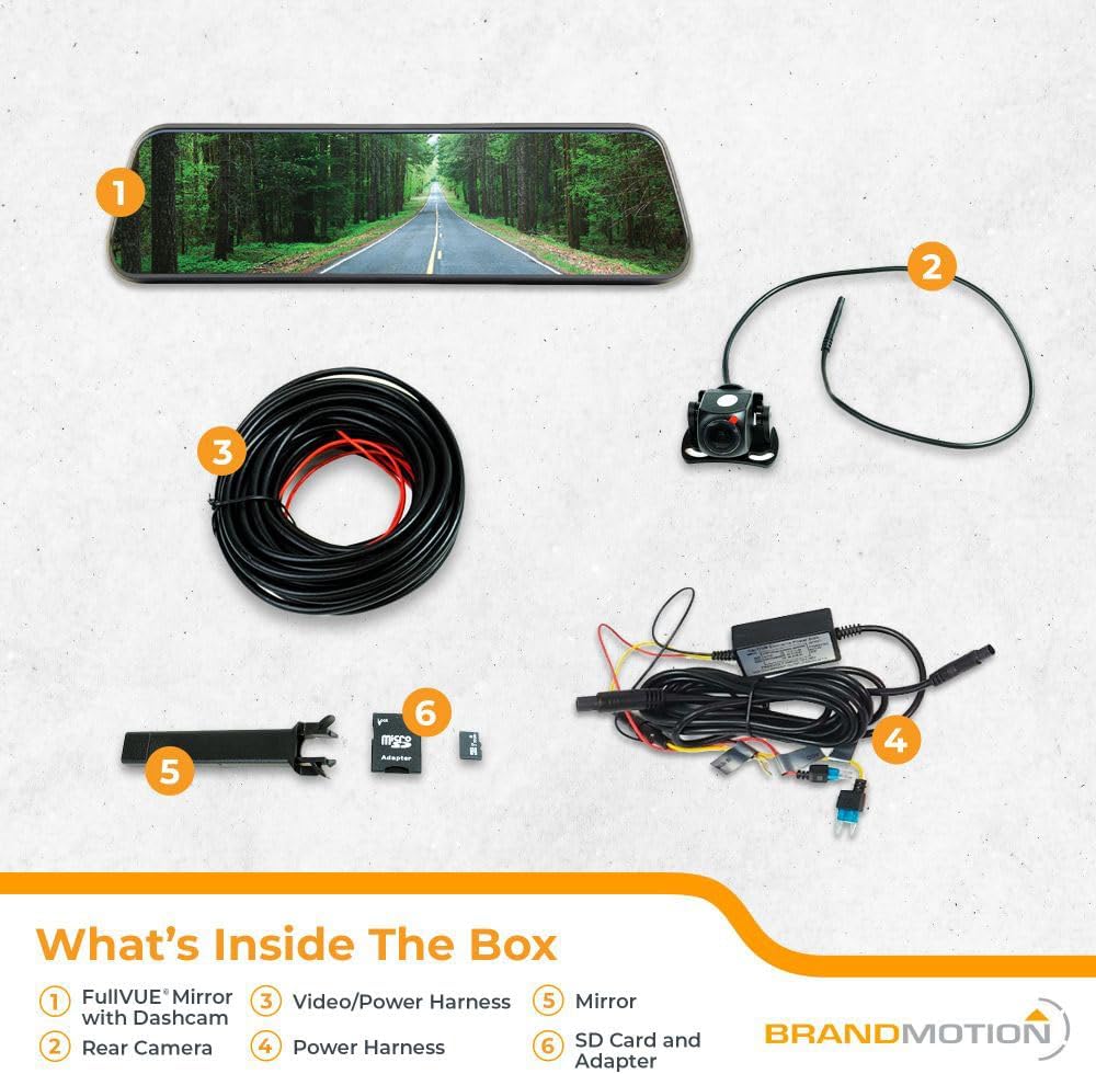 Brandmotion FullVUE Mirror and Camera System FVMR-1100 | Front Dash Cam and Rear View Camera Always On | Recording | Touch Screen Mirror | Lux Night Vision | G-Shock Sensor | Reverse Backup