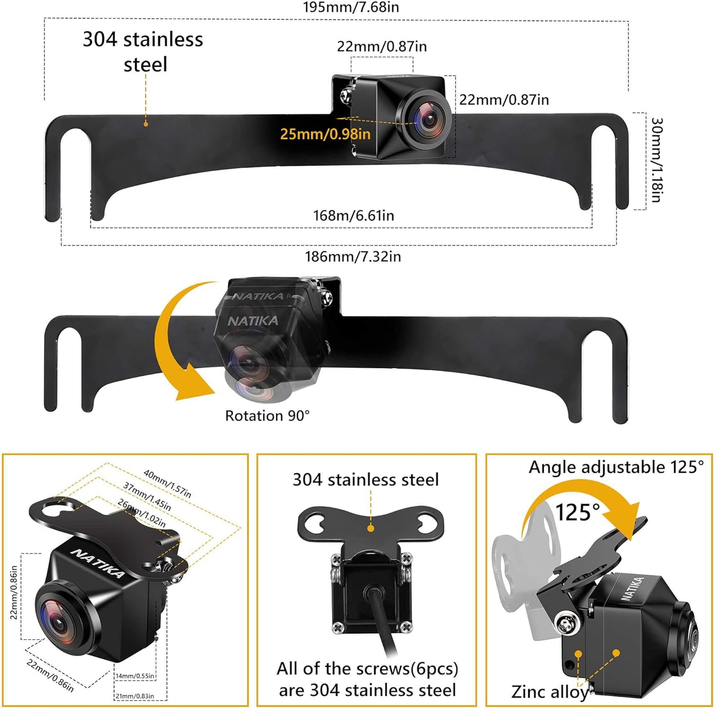 NATIKA Backup/Front View Camera: No Distorted Affect Starlight Night Vision HD Waterproof 720P AHD and TVI Hitch Backup/Reverse/Rear View Camera License Plate for Cars Pickup Trucks SUV RV Van