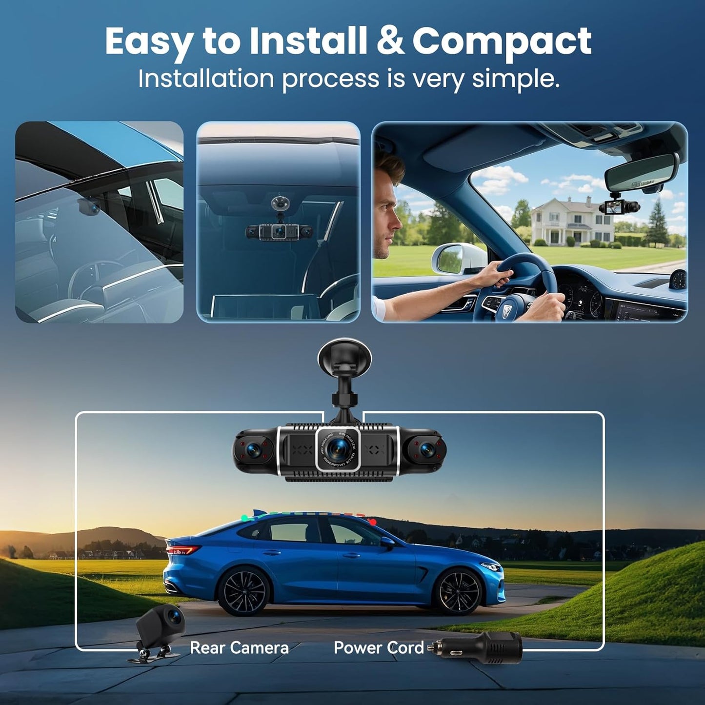 360°View 4 Channel Dash Cam, 2K+1080P Front and Rear Inside Left Right, Wireless Dash Camera for Cars, Built-in G-Sensor, IR Night Vision, 24H Parking Mode, 64GB SD Card, Loop Recording, APP Control