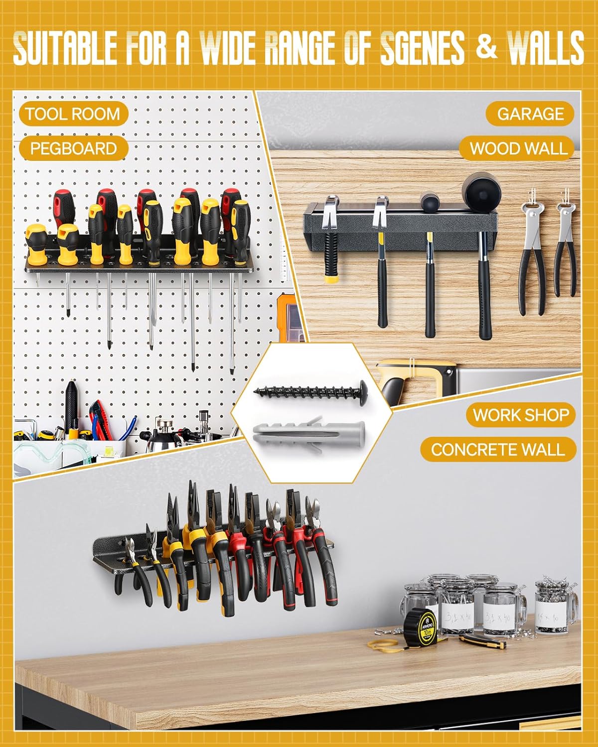 Wall Mount Screwdriver Organizer, Pliers Holder, Hammer Rack, 3PCS Alloy Steel Hand Tool Storage Organizer for Garage Workshop