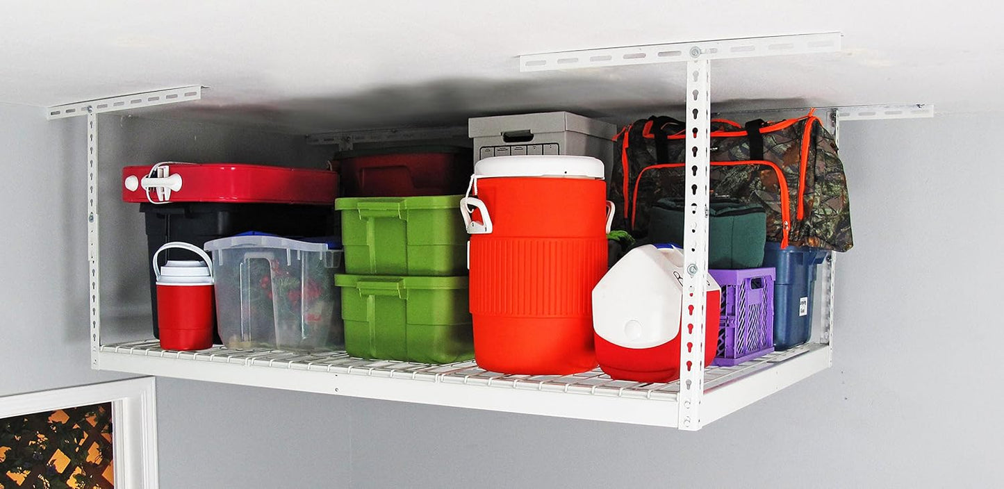 SafeRacks 4x6 Overhead Garage Storage Rack - Height Adjustable Steel Overhead Storage Rack - 500 Pound Weight Capacity (White, 18"-33")