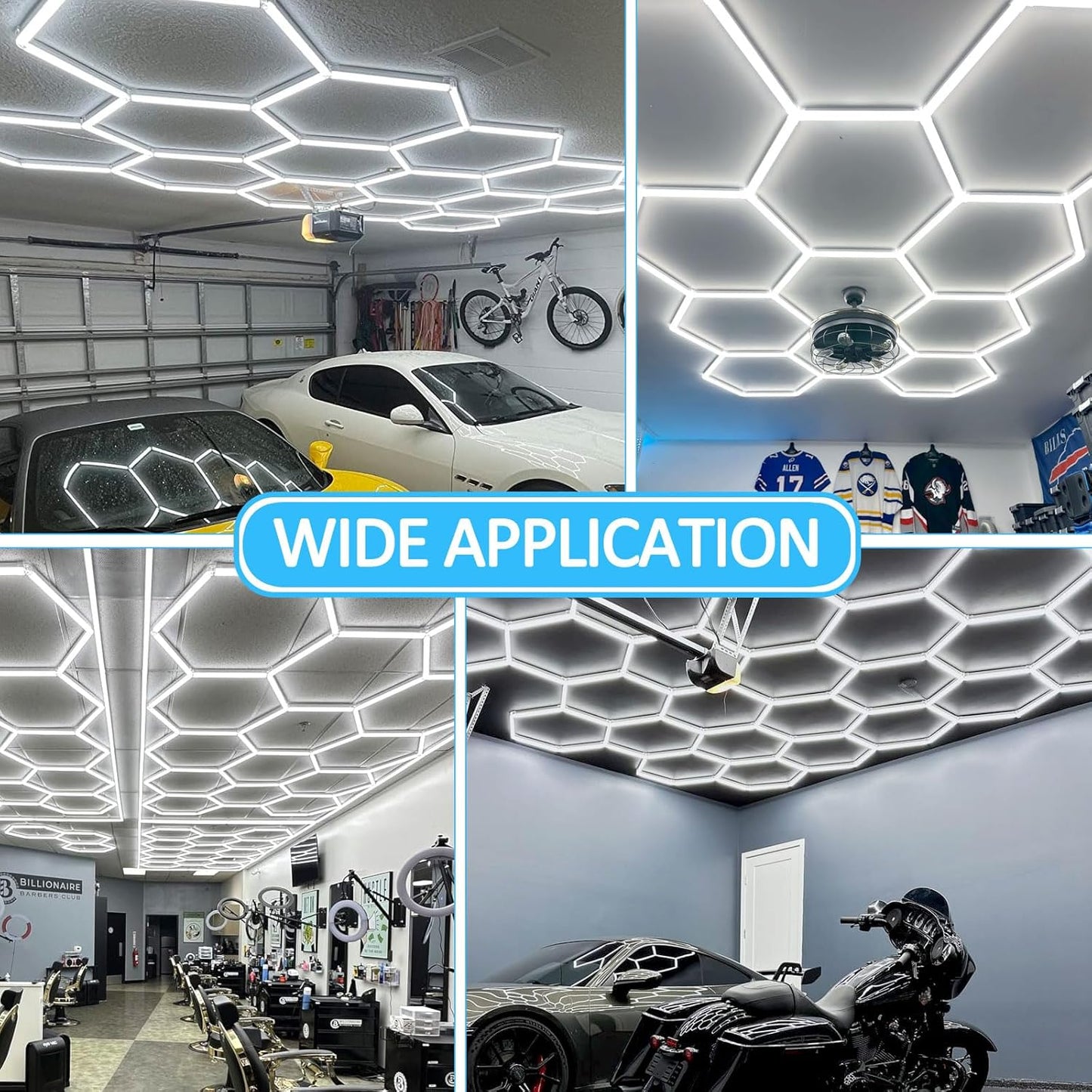 tewei Hexagon LED Garage Lights with Rectangle Frame, 900W 90000LM 6500K, Ultra-Bright Hexagon LED Shop Lights for Garage, 14 Grids Hex Ceiling Light for Workshop, Warehouse, Gym, Car Detailing Shop