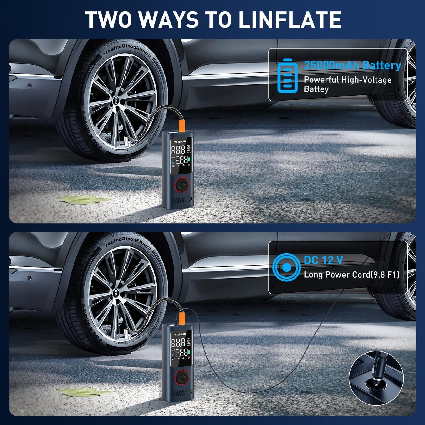 Tire Inflator Portable Air Compressor - tire inflator 25000mAh & 160PSI,4X Fast portable air compressor with LCD Digital Tire Gauge Pressure,Cordless air pump for car tires,bike, Motorcycle, Ball