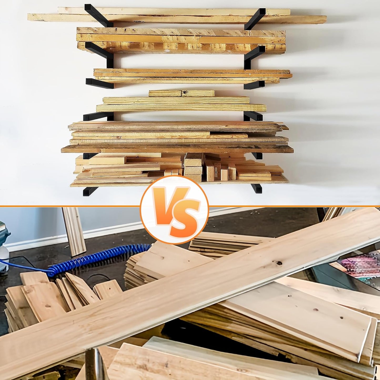 Wood Storage Racks with 3 Level, Garage Organizer Lumber Storage Rack Wall Mounted, Workshop Organizers Wood Wall Shelving, Lumber Metal Racks for Garage, Basement, Indoor and Outdoor (Black-4 Pack)