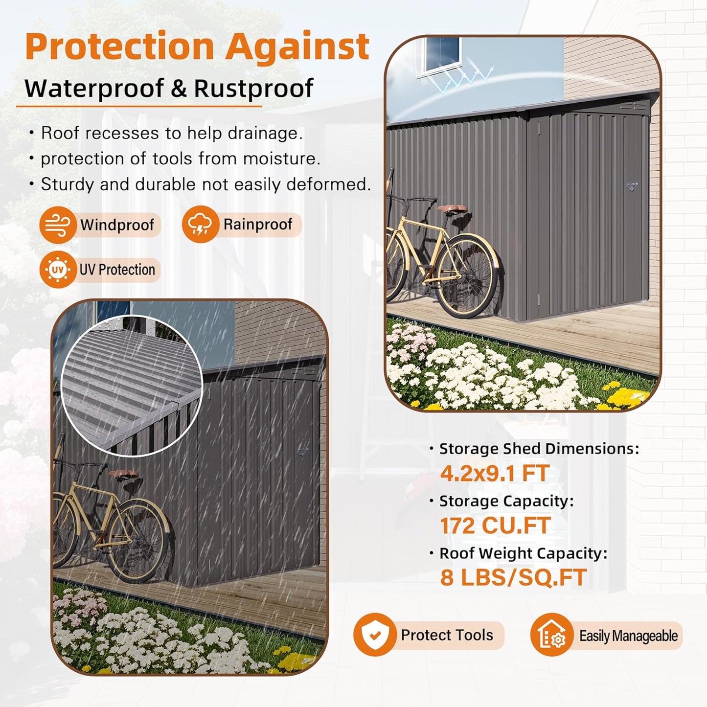 4 x 9 FT Lean to Shed with Windows, Metal Sheds & Outdoor Storage with 2 Vents and 1 Side Open Door, Outdoor Storage Shed Waterproof for Backyard, Garden, Patio, Gray