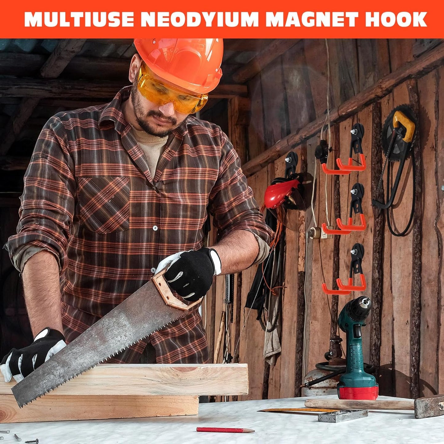 Landhoow 18 Pcs Large Magnetic Hooks Heavy Duty Garage Magnet Hooks Strong Storage Utility Magnetic Hangers with Anti Slip Rubber Coating for Indoor and Outdoor Hanging (Orange)