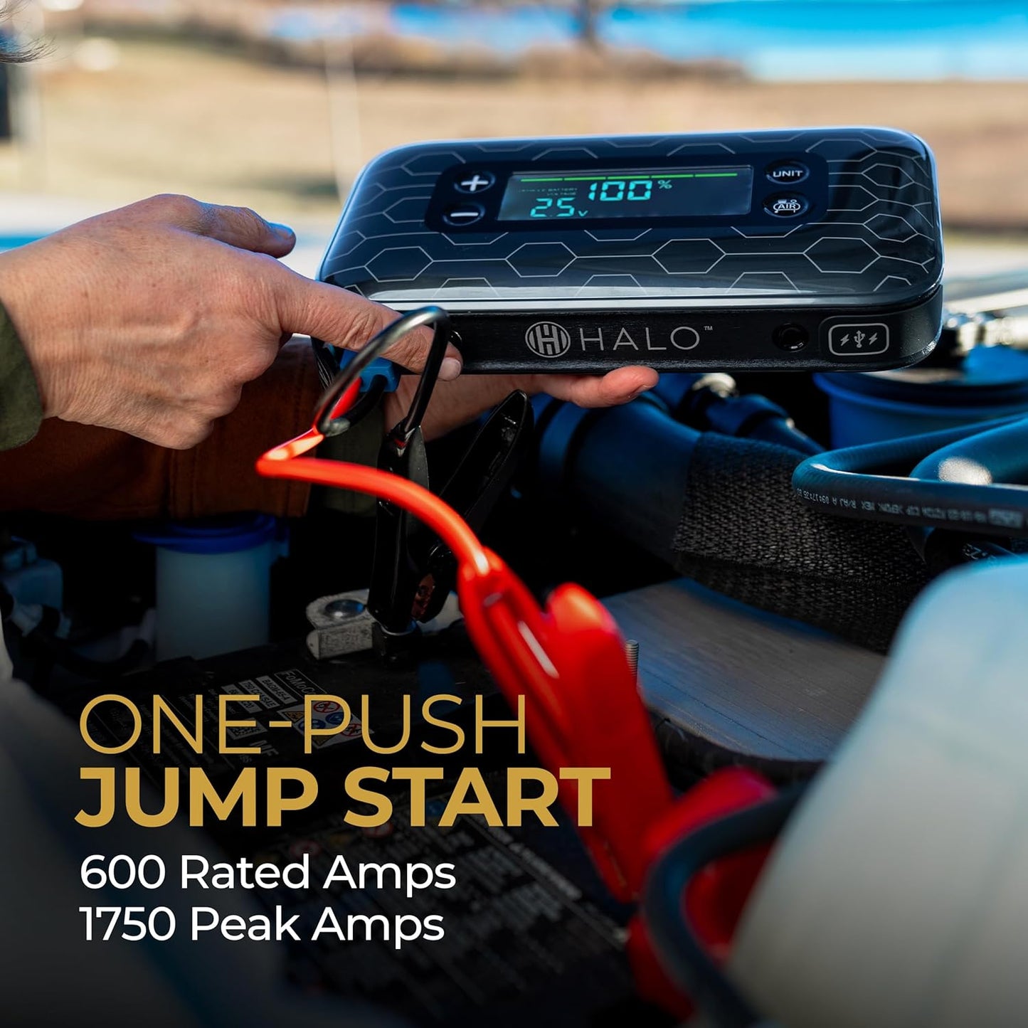 HALO Bolt Air+ 1750 Portable Car Battery Jump Starter | 130 PSI Air Compressor, 59.9Wh USB Power Bank, Large Display, Emergency Floodlight & Charger, Jumps Cars SUVs & Trucks, Inflates Tires — Purple