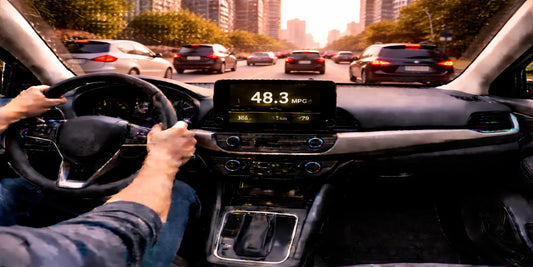 Driver’s view in busy city traffic at sunset, dashboard showing 48.3 MPG and commute trip stats in a modern car.