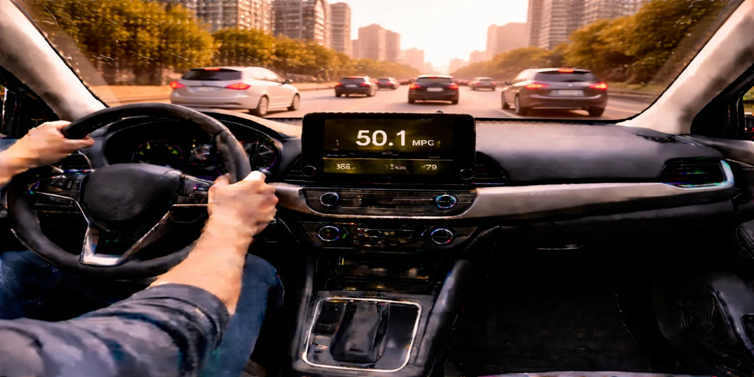 Driver’s view in a modern car on a calm city highway at dawn, dashboard showing 50.1 MPG and commute trip stats.
