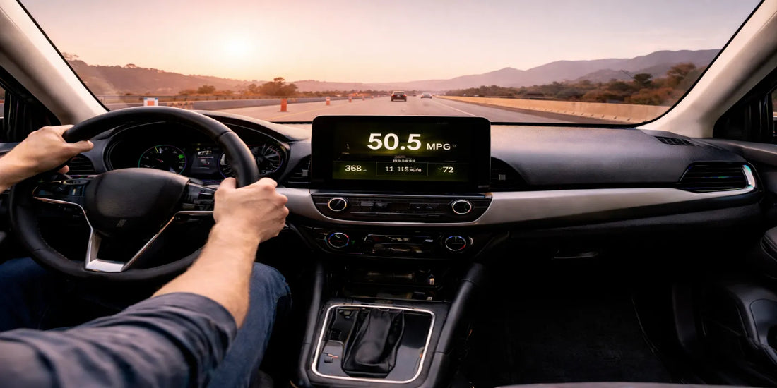 Driver’s view in a modern car on a sunrise mountain highway, dashboard showing 50.5 MPG and calm long-distance trip stats.