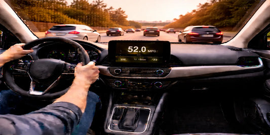 Driver’s view in a modern car on a busy suburban highway at sunset, dashboard showing 52.0 MPG and commute trip stats.