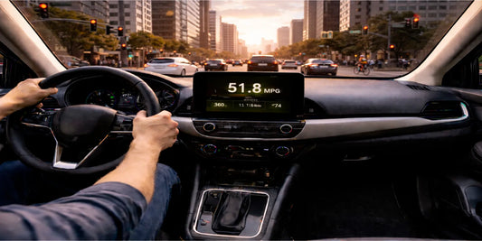 Driver’s view at a busy city intersection, modern car dashboard showing 51.8 MPG and trip stats.