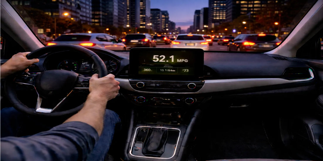 Driver’s view in a modern car at dusk in heavy city traffic, dashboard screen showing 52.1 MPG and commute trip stats.