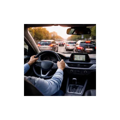 Driver’s view in a modern car on a calm city highway at sunrise, dashboard showing 52.1 MPG and commute stats.