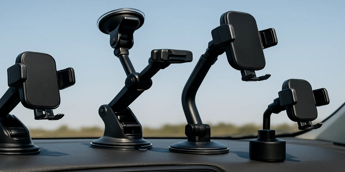 Multiple strong and stable car phone holders mounted on a dashboard, showing different arm lengths and suction designs for secure driving