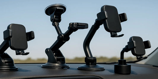 Multiple strong and stable car phone holders mounted on a dashboard, showing different arm lengths and suction designs for secure driving