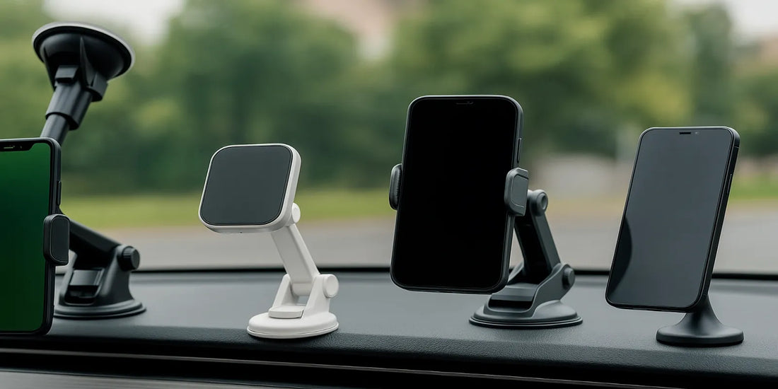 Various car phone mounts displayed on a dashboard, showing suction and magnetic holders for safe and stable smartphone use while driving.