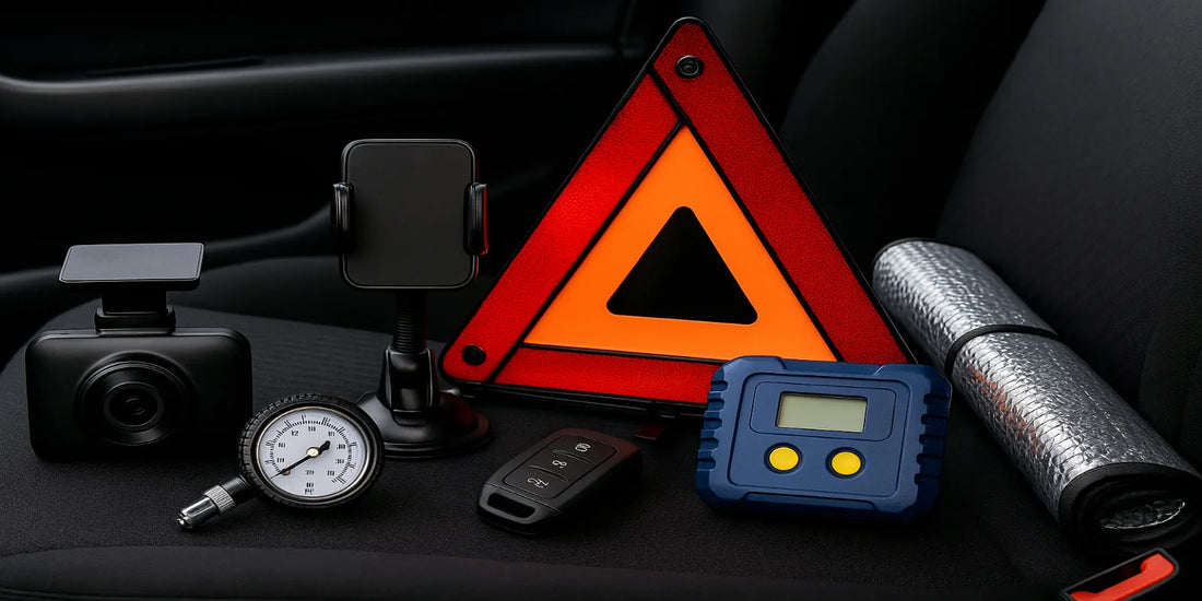 Essential car accessories including dash cam, phone mount, warning triangle, and safety tools arranged on a car seat.