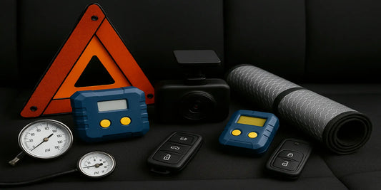 Car safety accessories on a seat: warning triangle, dash cam, tire pressure gauges, inflator, key fobs, and sunshade.