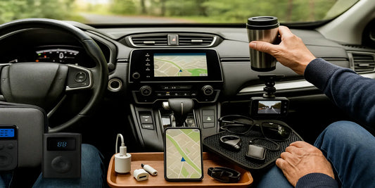 Modern car interior with driver holding travel mug; phone with GPS, dashcam, chargers, sunglasses, and organizer tray neatly placed.