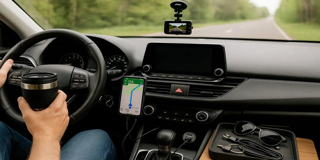 Driver view inside a modern car: travel mug in hand, phone on GPS mount, dashcam, and a tray with sunglasses and charging cables.