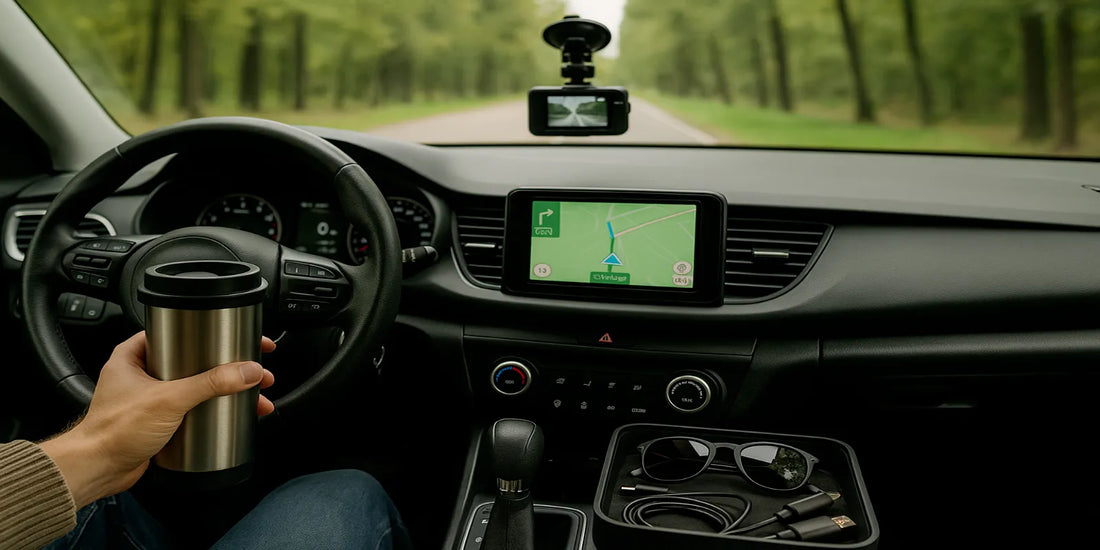 Driver holding a travel mug with GPS screen, dashcam, and organized car accessories while driving on a tree-lined road.