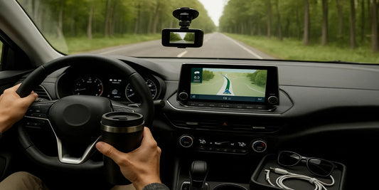 Driver view inside a modern car with GPS navigation screen, dashcam, travel mug, and organized accessories on a calm forest road.