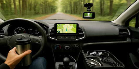 Driver’s view in a modern car with GPS navigation, dashcam, travel mug, and neatly organized accessories on a quiet forest road.