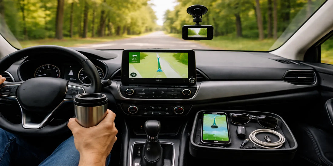 Driver view inside a modern car with GPS navigation, dashcam, travel mug, phone, and neatly organized accessories on a sunny road.