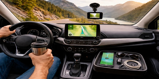 Driver’s view on a scenic mountain road at dusk with GPS navigation, dashcam, travel mug, phone, and neatly organized car accessories.