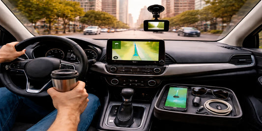 Driver’s view in a modern car on a city street with GPS navigation, dashcam, travel mug, phone, and neatly organized charging accessories.