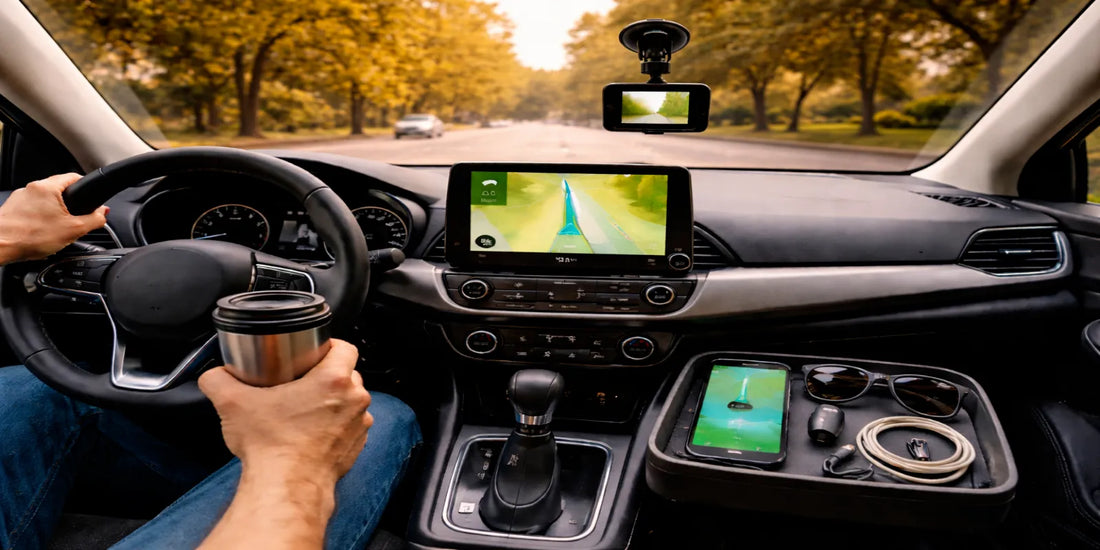 Driver’s view in a modern car on a calm suburban road with GPS navigation, dashcam, travel mug, phone, sunglasses, and organized console.