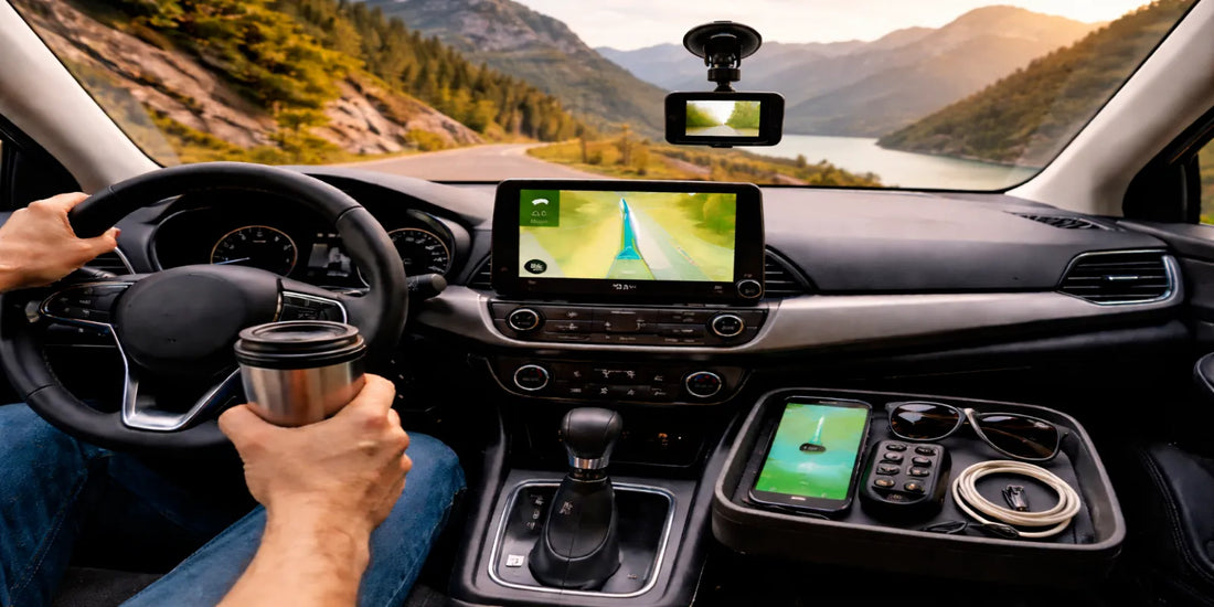 Driver’s view in a modern car on a scenic lakeside mountain road with GPS navigation, dashcam, travel mug, phone, and organized accessories.