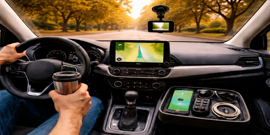 Driver’s view in a modern car on a calm suburban road with GPS navigation, dashcam, travel mug, phone, and safety accessories neatly arranged.