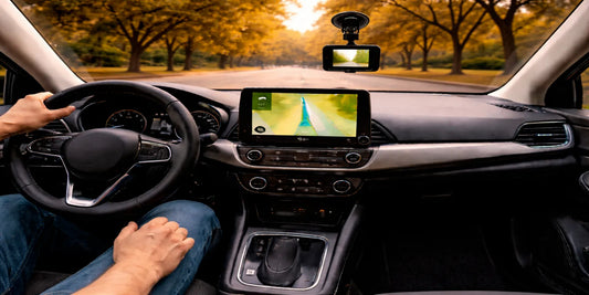 Driver’s view inside a modern car on a peaceful tree-lined road, GPS showing route guidance, dashcam recording ahead, calm daylight drive.