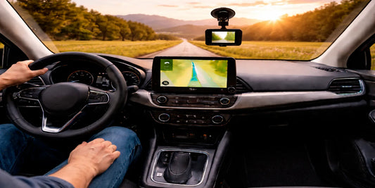 Driver’s view in a modern car on a sunny rural road, GPS and dashcam guiding a calm, safe late-afternoon drive.