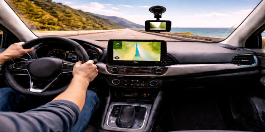 Driver’s view in a modern car on a calm tree-lined road, GPS and dashcam guiding a safe, focused daily commute.