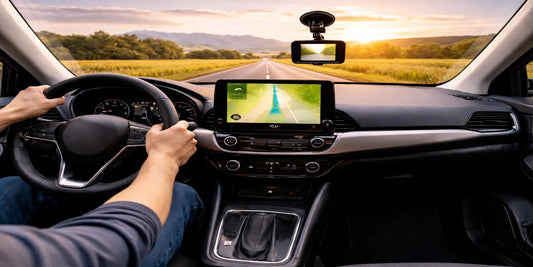 Driver’s view in a modern car on a sunset rural highway, GPS and dashcam visible for calm, safe everyday driving.