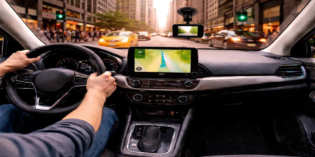 Driver’s view in a modern car navigating a busy city street at dusk, with GPS and dashcam visible amid traffic and pedestrians.