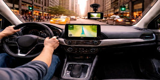 Driver’s view in a modern car navigating a busy city street at dusk, with GPS and dashcam visible amid traffic and pedestrians.