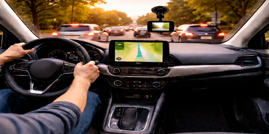 Driver’s view in a modern car during dusk traffic, with GPS route and dashcam visible as red brake lights glow ahead.