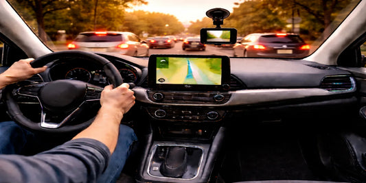 Driver’s view in a modern car during rush-hour traffic at dusk, with GPS navigation and dashcam visible as brake lights glow ahead.