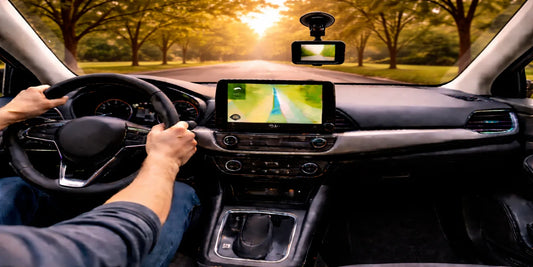 Driver’s view in a modern car on a sunny tree-lined road, with GPS and dashcam visible for calm, focused daily driving.