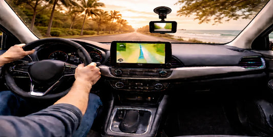 Driver’s view in a modern car on a palm-lined coastal road at sunrise, with GPS and dashcam guiding a calm commute.