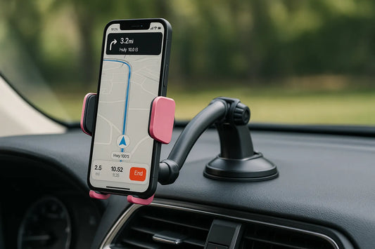 Strong suction car phone holder securely mounted on dashboard, holding a smartphone with navigation open for safe and hands-free driving.