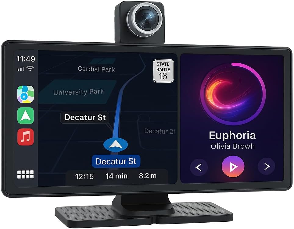 Portable Apple CarPlay & Android Auto – 10.26" Wireless Car Stereo, 4K Dash Cam, 1080P Backup Camera, Voice Control, GPS Navigation, Bluetooth, Mirror Link, Portable Touchscreen Display