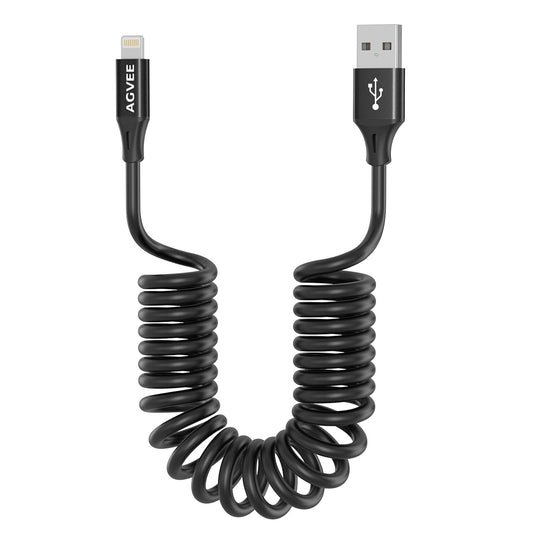 AGVEE 5ft Coiled Short USB to Lightning Charging Cable [MFI Certified] 3A Fast Charger Cord in Car for iPhone 14/13/12/11/XS/8/7/6/5 CarPlay, iPad, iPod, Black