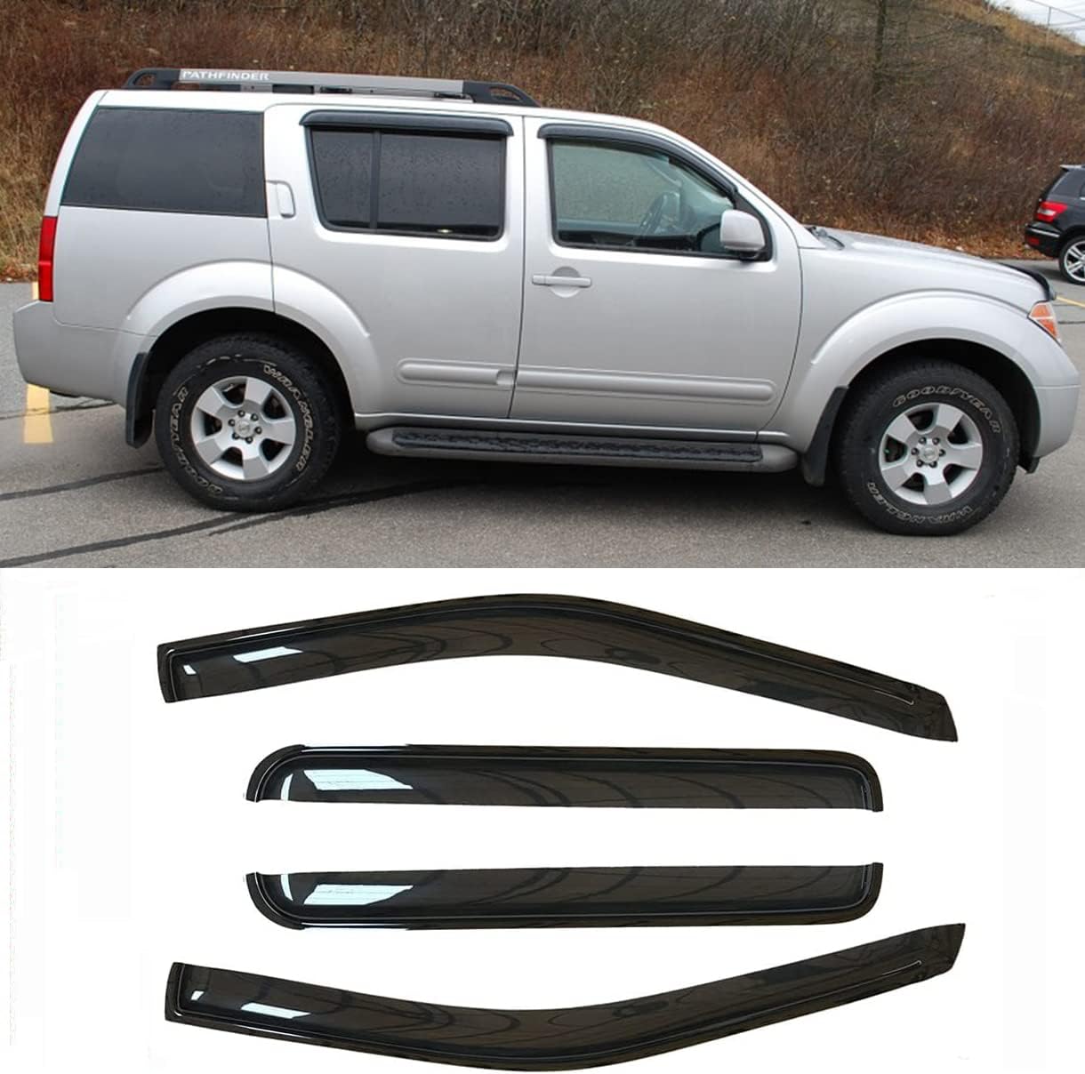4pcs Side Wind Deflector,Out-Channel Tape On Sun Rain Guards, Dark Smoke Nice Looking Window Visor fit for 2005-2012 Nissan Pathfinder 94512